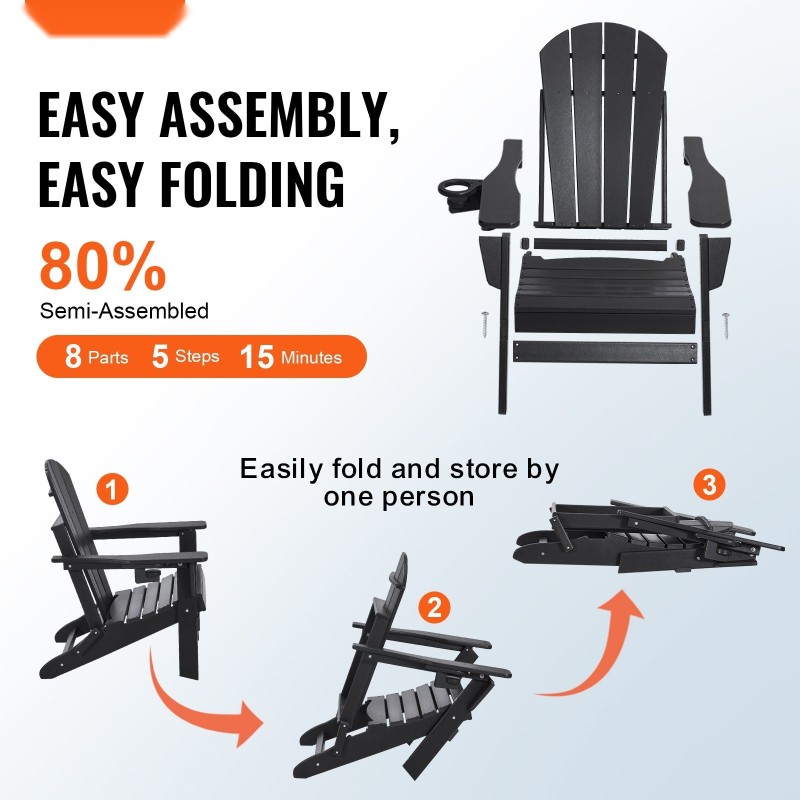 Taitettava Adirondack-tuolisetti 2 kpl HDPE-muovia ulkokäyttöön musta mukinpidikkeellä