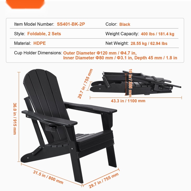 Taitettava Adirondack-tuolisetti 2 kpl HDPE-muovia ulkokäyttöön musta mukinpidikkeellä