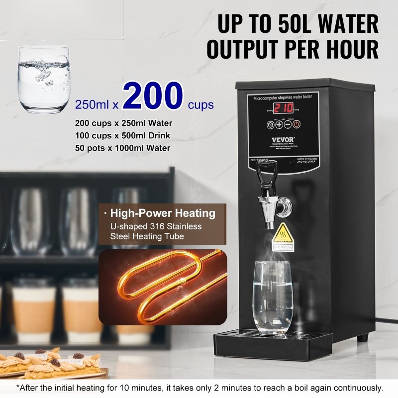 Kuumavesiautomaatti 10 litraa ammattikäyttöön 2500 wattia 50 litraa tunnissa 316 ruostumatonta terästä