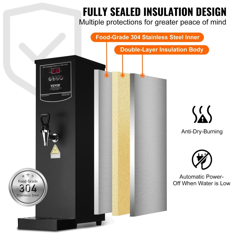 Kaupallinen kuumavesilaite 15 l 2500 W 50 l tunnissa 316 ruostumaton lämmitysputki