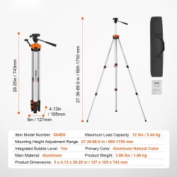 Alumiininen säädettävä kolmijalka 695–1750 mm 1/4x20-kierre integroidulla kuplatasolla