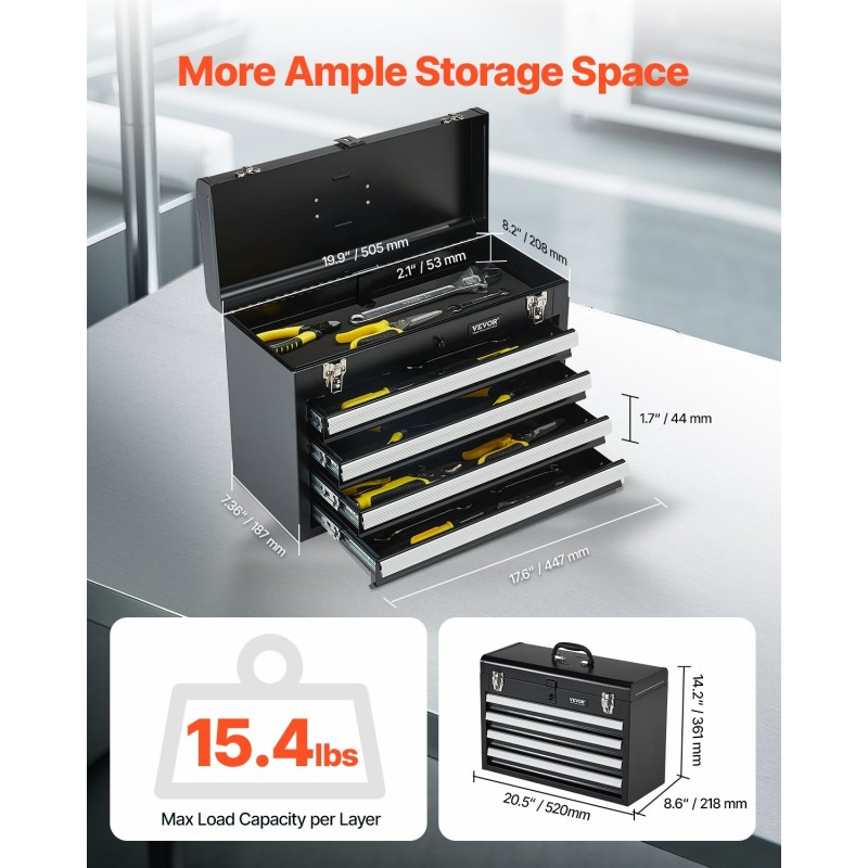 Metallinen 20,5-tuumainen työkalulaatikko 4 vetolaatikkoa kannettava EVA-sisävuorauksilla lukittava