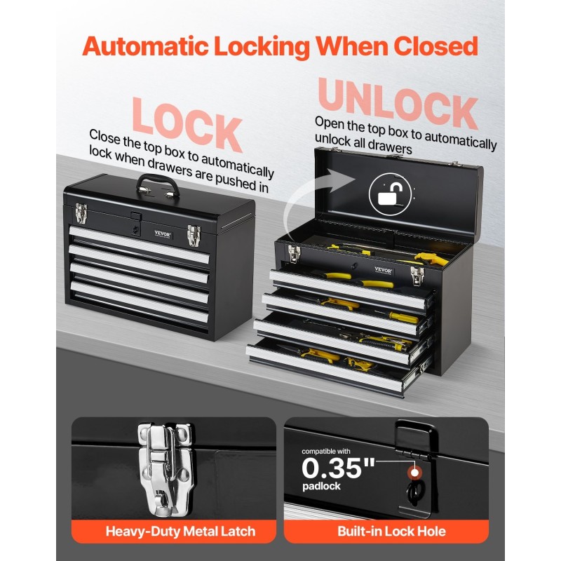 Metallinen 20,5-tuumainen työkalulaatikko 4 vetolaatikkoa kannettava EVA-sisävuorauksilla lukittava