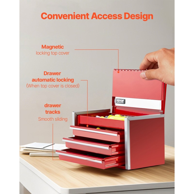 Metallinen työkalulaatikko raskaan teräksen 8,6 tuuman 3 vetolaatikkoa punainen