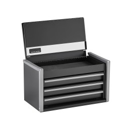 Teräksinen työkalulaatikko kolme vetolaatikkoa kompakti pientyökaluille pehmustetuilla sisuksilla musta