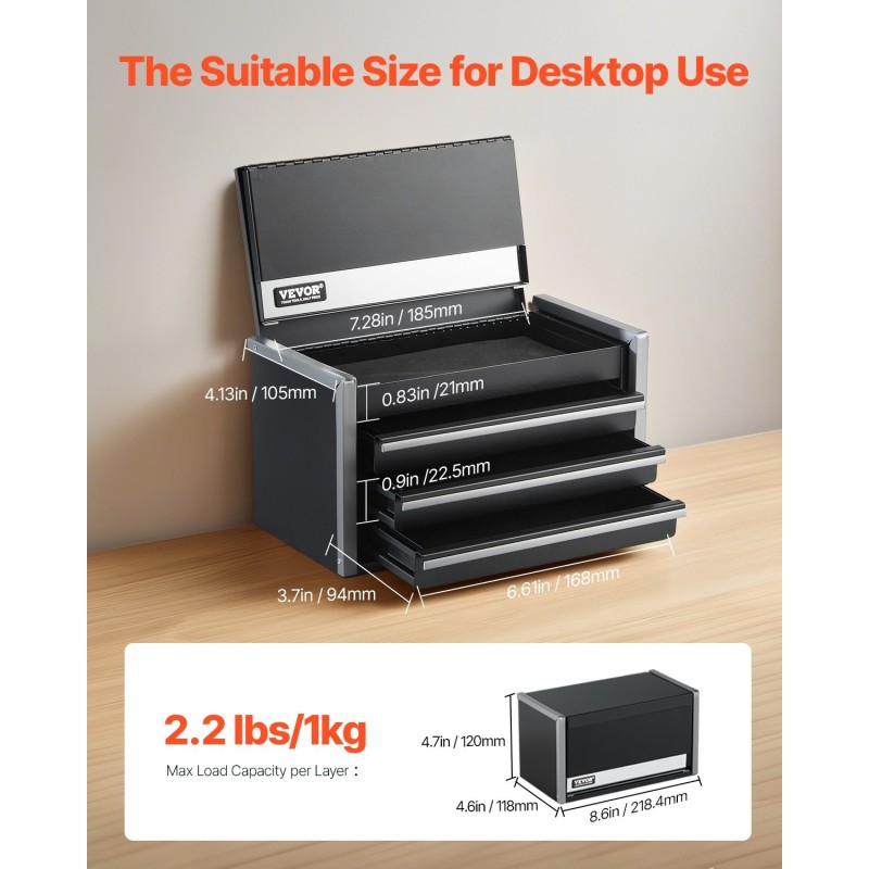 Teräksinen työkalulaatikko kolme vetolaatikkoa kompakti pientyökaluille pehmustetuilla sisuksilla musta