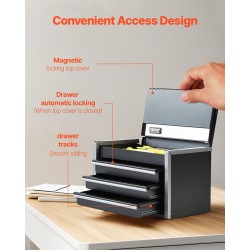 Teräksinen työkalulaatikko kolme vetolaatikkoa kompakti pientyökaluille pehmustetuilla sisuksilla musta