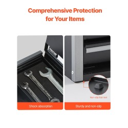 Teräksinen työkalulaatikko kolme vetolaatikkoa kompakti pientyökaluille pehmustetuilla sisuksilla musta