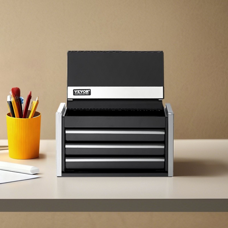 Teräksinen työkalulaatikko kolme vetolaatikkoa kompakti pientyökaluille pehmustetuilla sisuksilla musta