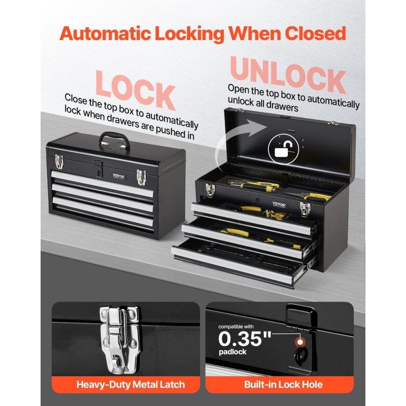 Metallinen työkalulaatikko 3 vetolaatikkoa EVA-matot koko 520 x 218 x 304 mm