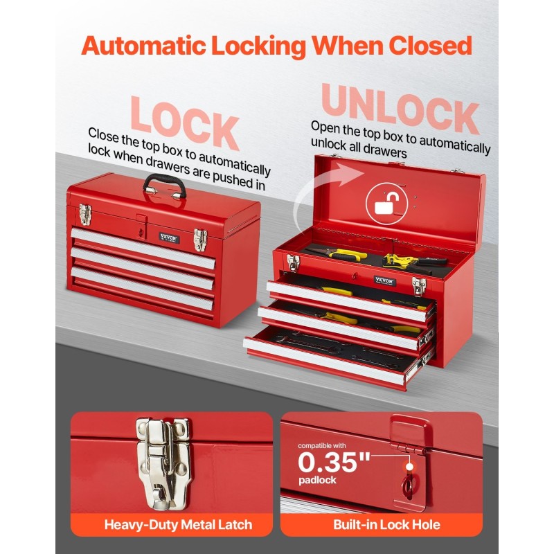 Metallinen työkalulaatikko 20,5-tuumainen 3 vetolaatikkoa EVA-sisämatot punainen