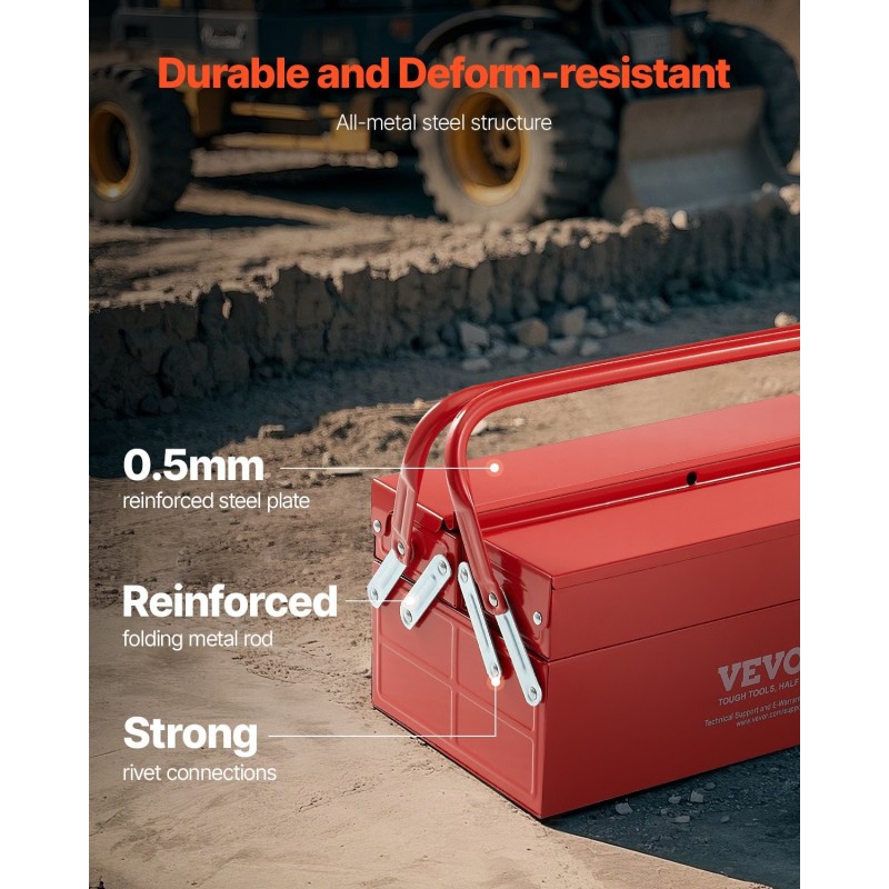 Työkalulaatikko jauhemaalattua terästä neljäntoista tuuman kaksitasoinen kolme tarjotinta punainen kantokahvalla lukitusreiällä