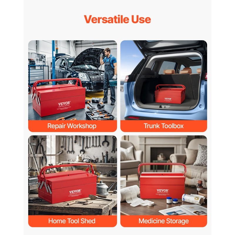 Työkalulaatikko jauhemaalattua terästä neljäntoista tuuman kaksitasoinen kolme tarjotinta punainen kantokahvalla lukitusreiällä