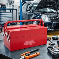 Työkalulaatikko jauhemaalattua terästä neljäntoista tuuman kaksitasoinen kolme tarjotinta punainen kantokahvalla lukitusreiällä