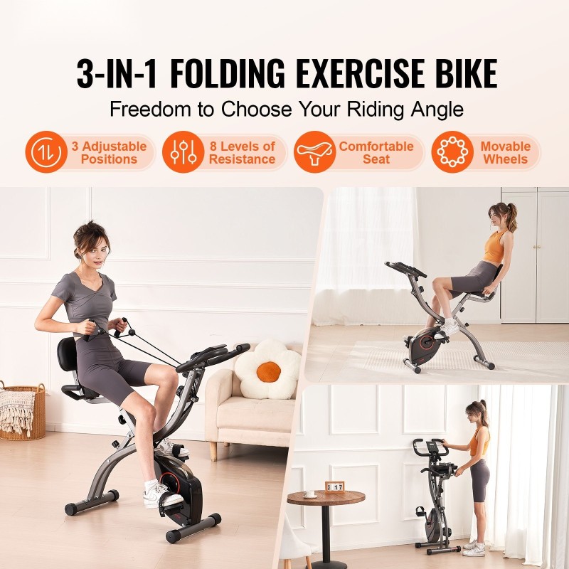 Taitettava kuntopyörä teräsrunko kolmitoiminen magneettivastus säädettävä istuin LCD-näyttö siirtopyörät