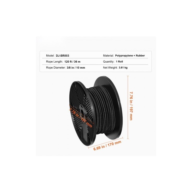Kuminauha 3/8-tuuman 36 m rullassa polypropeeni ja kumi musta raskaaseen käyttöön