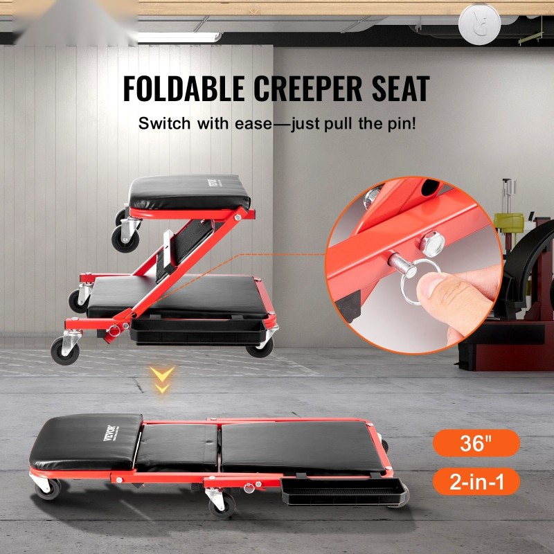 Mekaanikon makuualusta ja jakkara hiiliteräsrunko 914 mm pituus 136,1 kg kantavuus