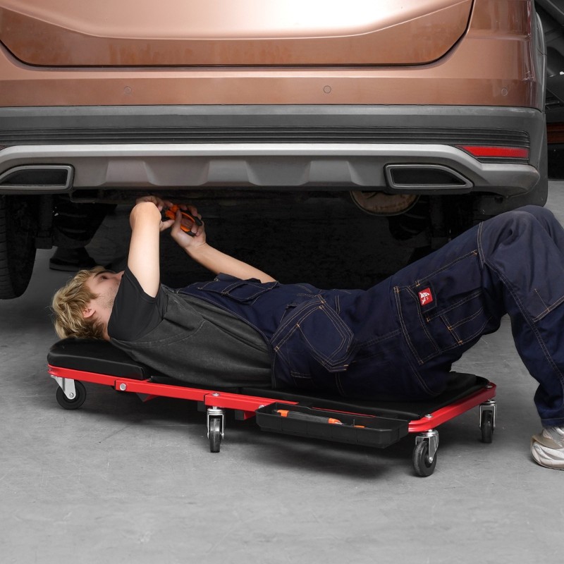 Mekaanikon makuualusta ja jakkara hiiliteräsrunko 914 mm pituus 136,1 kg kantavuus