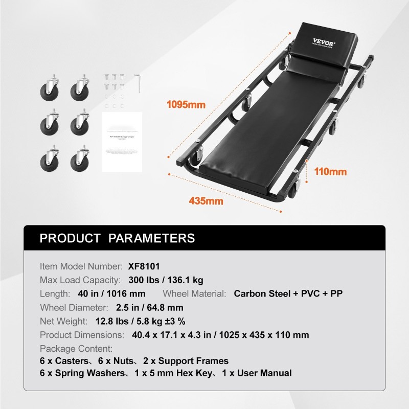 Mekaanikon makuualusta 1016 mm hiilirakenneteräsrunko 136,1 kg pehmustettu säädettävä niskatuki