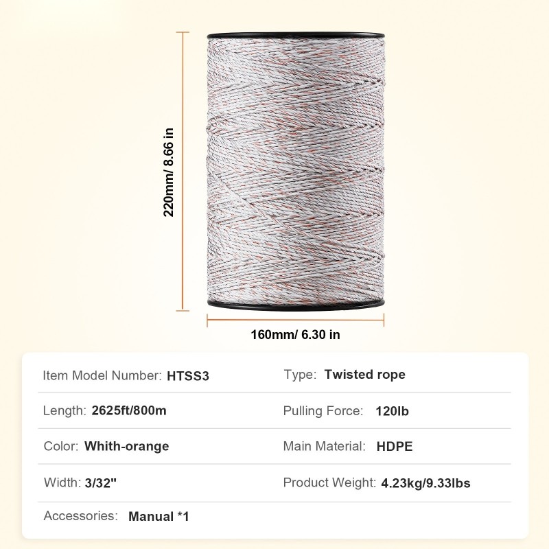 Sähköaidan polyjohto 800 m polyeteeni 9 metallisäiettä muovikela naudoille ja hevosille