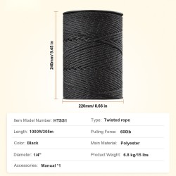 Sähköaitalanka polyesteriköysi 305 m halkaisija 6,35 mm 2 kuparisäiettä musta kotieläimille