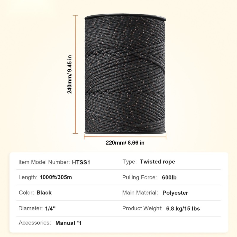 Sähköaitalanka polyesteriköysi 305 m halkaisija 6,35 mm 2 kuparisäiettä musta kotieläimille