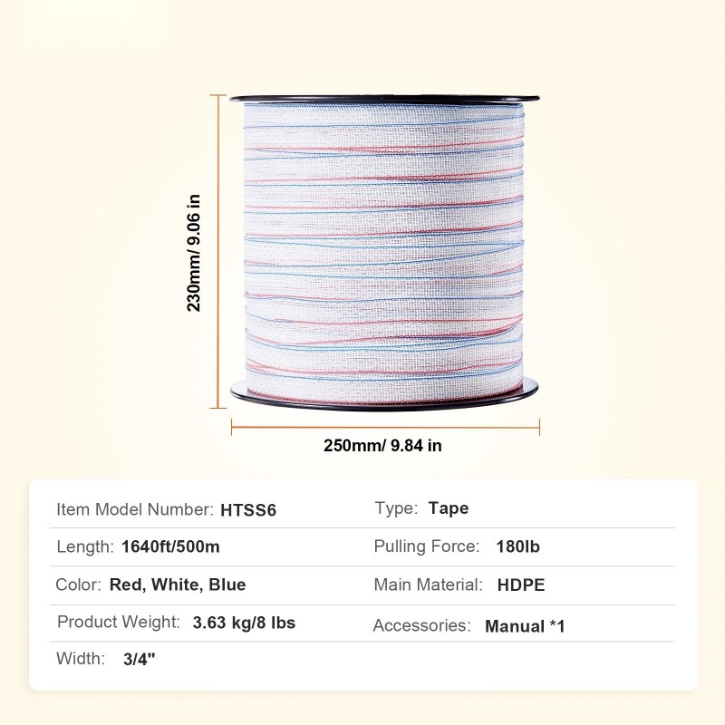 Sähköinen aitausnauha korkeatiheyspolyeteeni 500 metriä 19 millimetriä 6 ruostumatonta teräslankaa