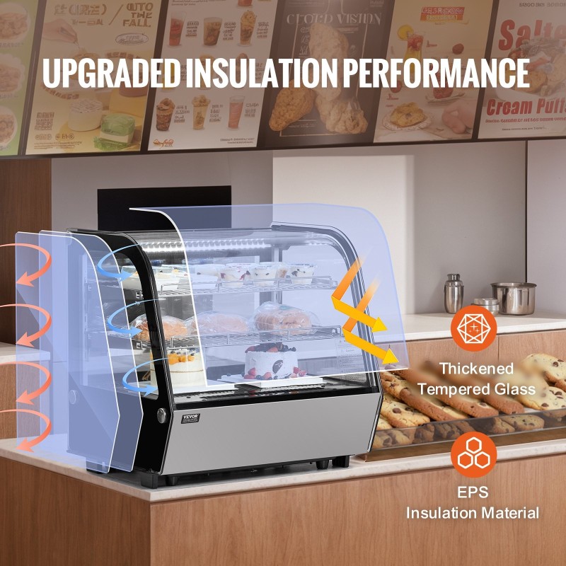 Kylmävitriini ruostumatonta terästä ja karkaistua lasia 115 l 2-tasoinen LED-valaistus leipomoille