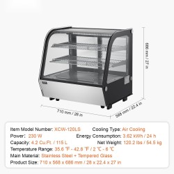 Kylmävitriini ruostumatonta terästä ja karkaistua lasia 115 l 2-tasoinen LED-valaistus leipomoille