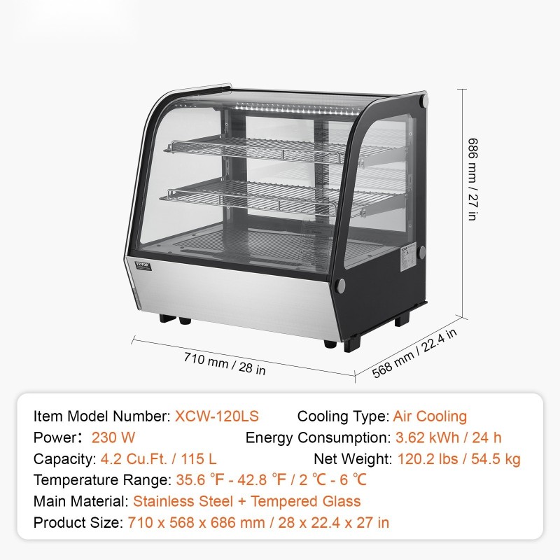 Kylmävitriini ruostumatonta terästä ja karkaistua lasia 115 l 2-tasoinen LED-valaistus leipomoille