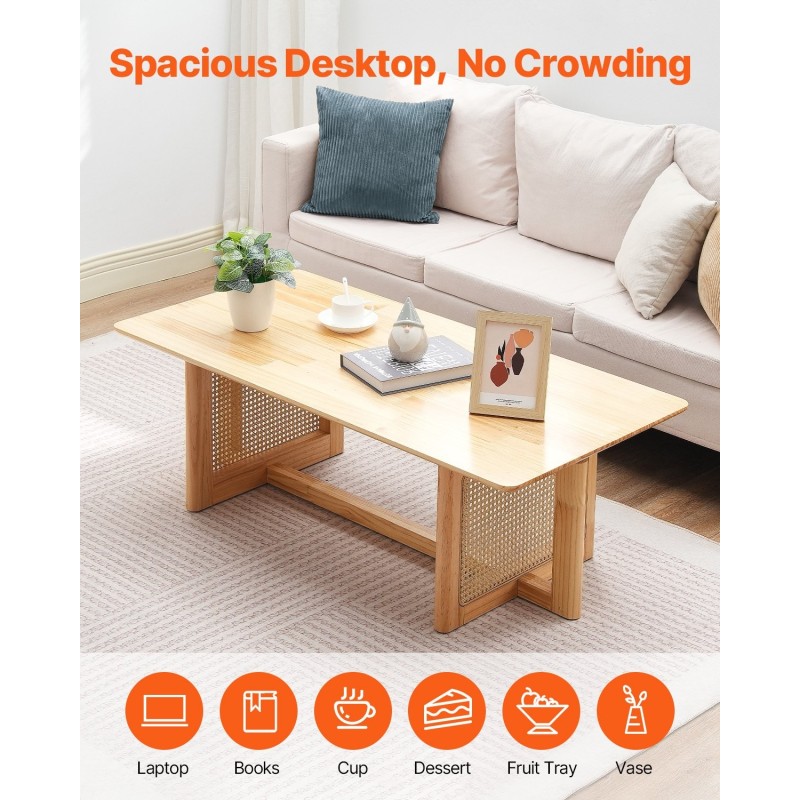 Sohvapöytä suorakulmainen kumipuutasolla ja rottinkialatasolla 120 senttimetriä leveä