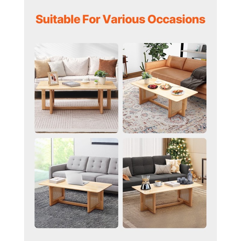 Sohvapöytä suorakulmainen kumipuutasolla ja rottinkialatasolla 120 senttimetriä leveä