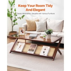 Sohvapöytä Z-muotoinen muovirottinki bamburunko karkaistu lasitaso 120x56x43 cm