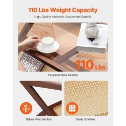 Sohvapöytä Z-muotoinen muovirottinki bamburunko karkaistu lasitaso 120x56x43 cm