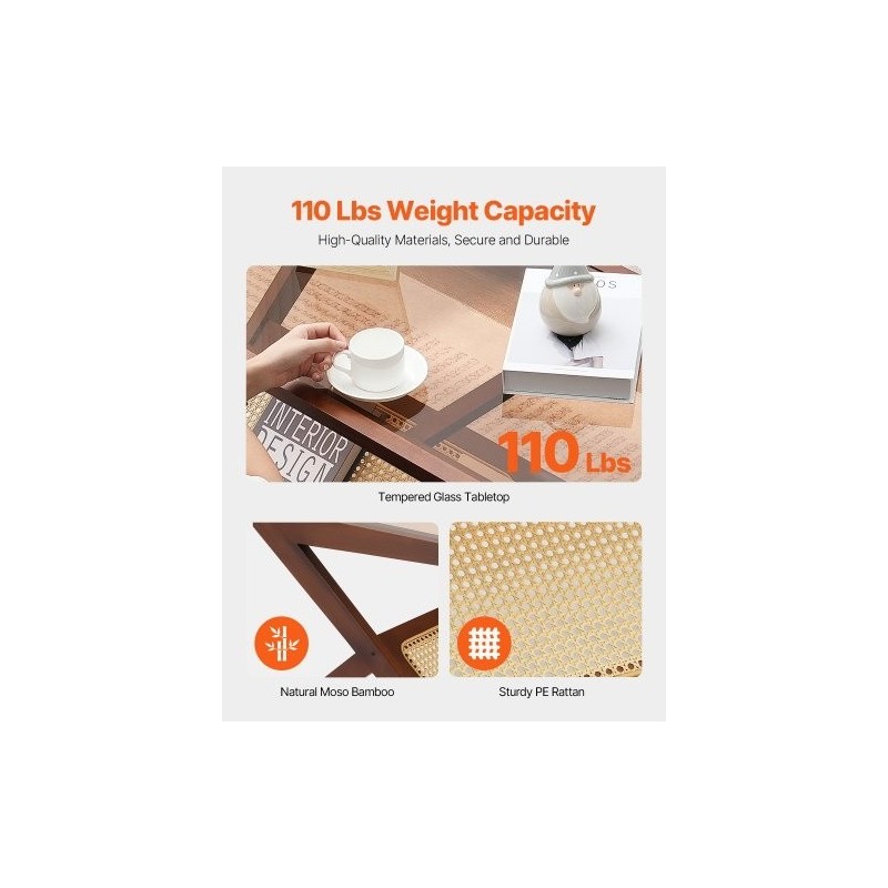 Sohvapöytä Z-muotoinen muovirottinki bamburunko karkaistu lasitaso 120x56x43 cm