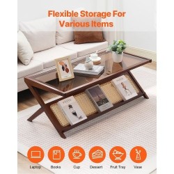 Sohvapöytä Z-muotoinen muovirottinki bamburunko karkaistu lasitaso 120x56x43 cm