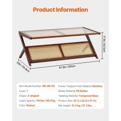 Sohvapöytä Z-muotoinen muovirottinki bamburunko karkaistu lasitaso 120x56x43 cm