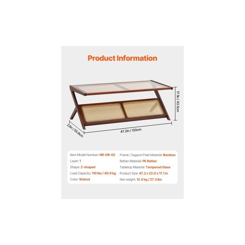 Sohvapöytä Z-muotoinen muovirottinki bamburunko karkaistu lasitaso 120x56x43 cm