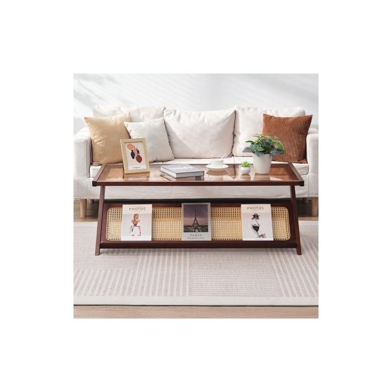 Sohvapöytä Z-muotoinen muovirottinki bamburunko karkaistu lasitaso 120x56x43 cm