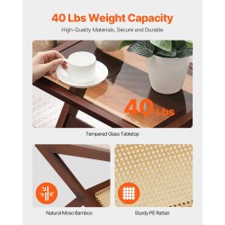 Sohvapöytä Z-muotoinen karkaistulla lasikannella bambujaloilla rottinkipunoksella 1-tasoinen pähkinänvärinen