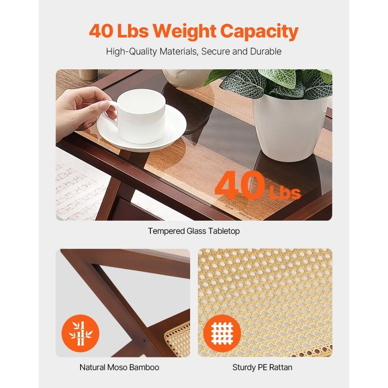 Sohvapöytä Z-muotoinen karkaistulla lasikannella bambujaloilla rottinkipunoksella 1-tasoinen pähkinänvärinen