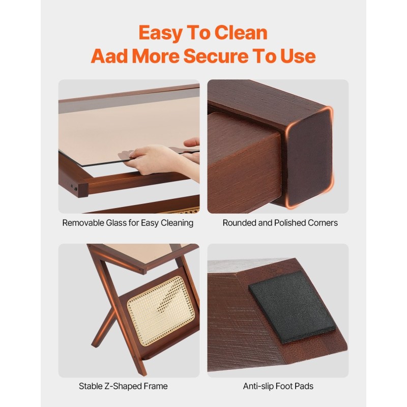 Sohvapöytä Z-muotoinen karkaistulla lasikannella bambujaloilla rottinkipunoksella 1-tasoinen pähkinänvärinen