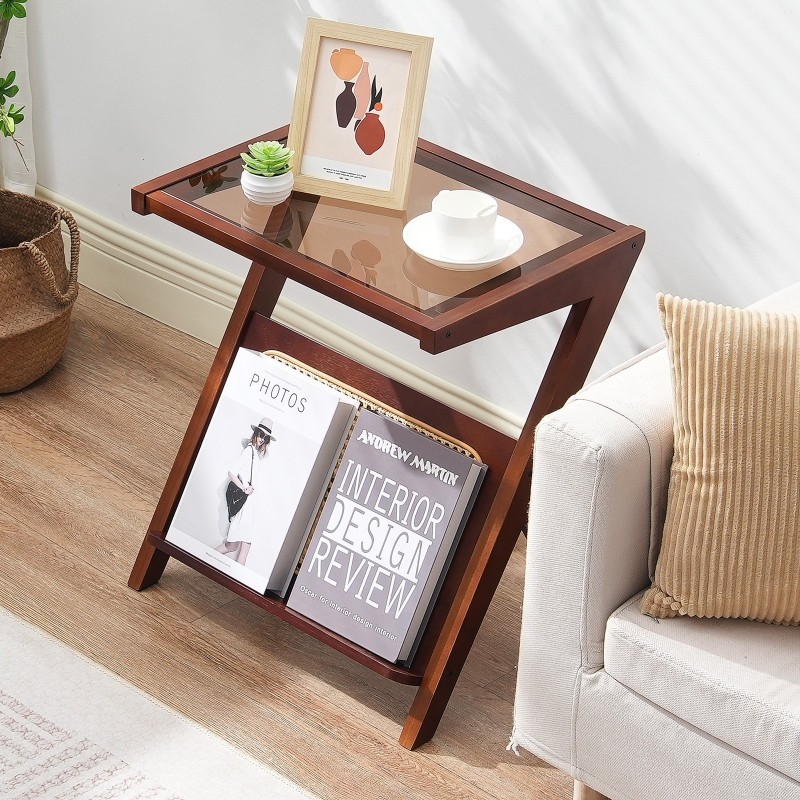 Sohvapöytä Z-muotoinen karkaistulla lasikannella bambujaloilla rottinkipunoksella 1-tasoinen pähkinänvärinen