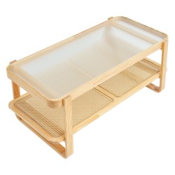 Sohvapöytä rottinkinen suorakulmainen 115 cm karkaistu lasikansi kaksitasoinen säilytaso mäntyjalat