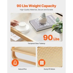 Sohvapöytä rottinkinen suorakulmainen 115 cm karkaistu lasikansi kaksitasoinen säilytaso mäntyjalat