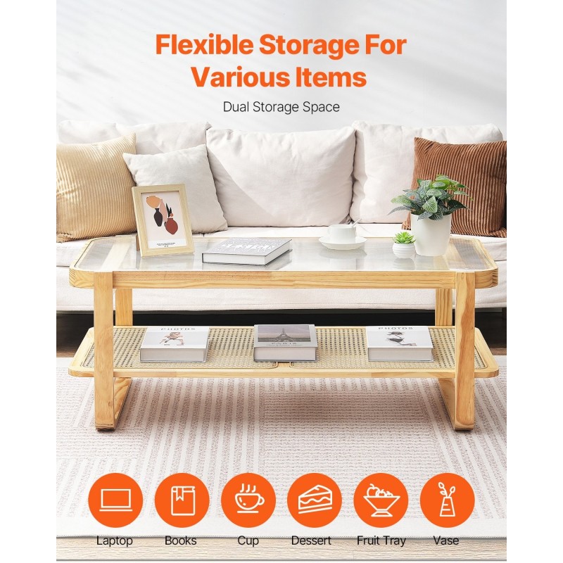 Sohvapöytä rottinkinen suorakulmainen 115 cm karkaistu lasikansi kaksitasoinen säilytaso mäntyjalat