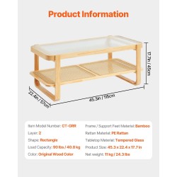 Sohvapöytä rottinkinen suorakulmainen 115 cm karkaistu lasikansi kaksitasoinen säilytaso mäntyjalat