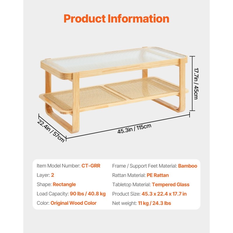 Sohvapöytä rottinkinen suorakulmainen 115 cm karkaistu lasikansi kaksitasoinen säilytaso mäntyjalat