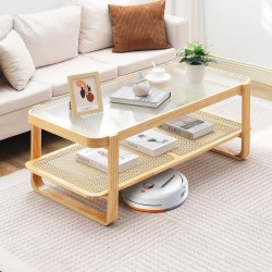 Sohvapöytä rottinkinen suorakulmainen 115 cm karkaistu lasikansi kaksitasoinen säilytaso mäntyjalat