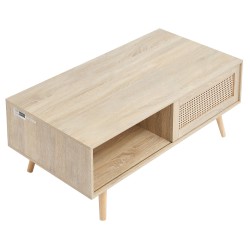 Sohvapöytä suorakulmainen kaksitasoinen MDF pöytätaso PE rottinki liukuovilla massiivipuujalat 105 cm